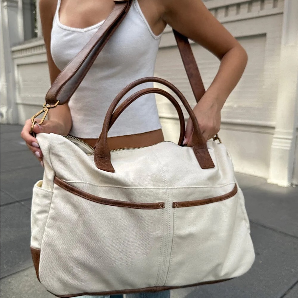 Canvas Tote Bag with Brown Leather Trim - Cream